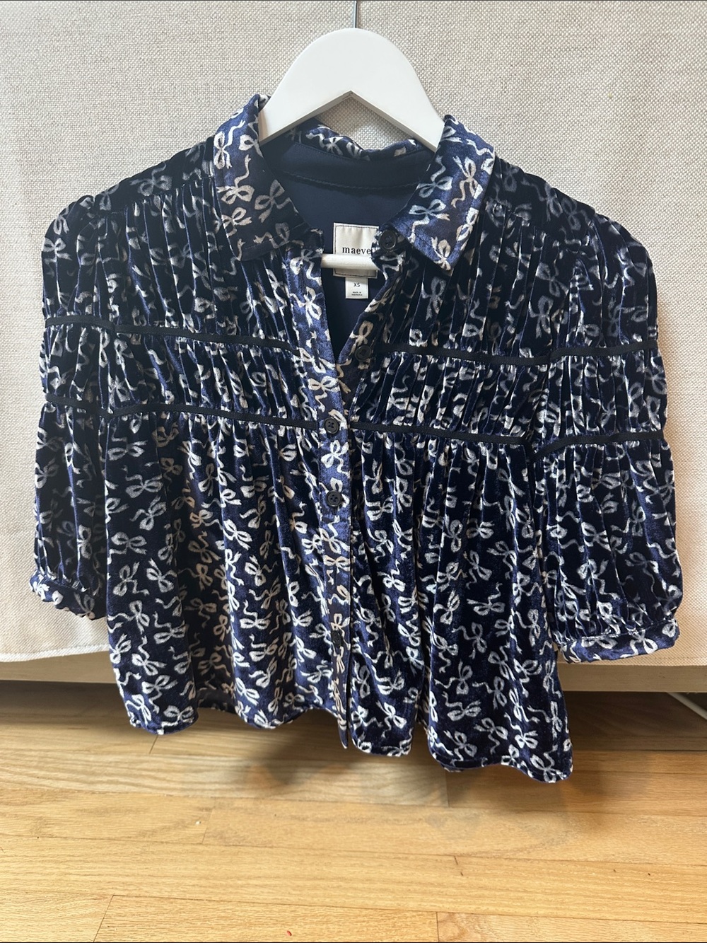 Maeve Navy and Cream Velvet Printed Button-Front Blouse